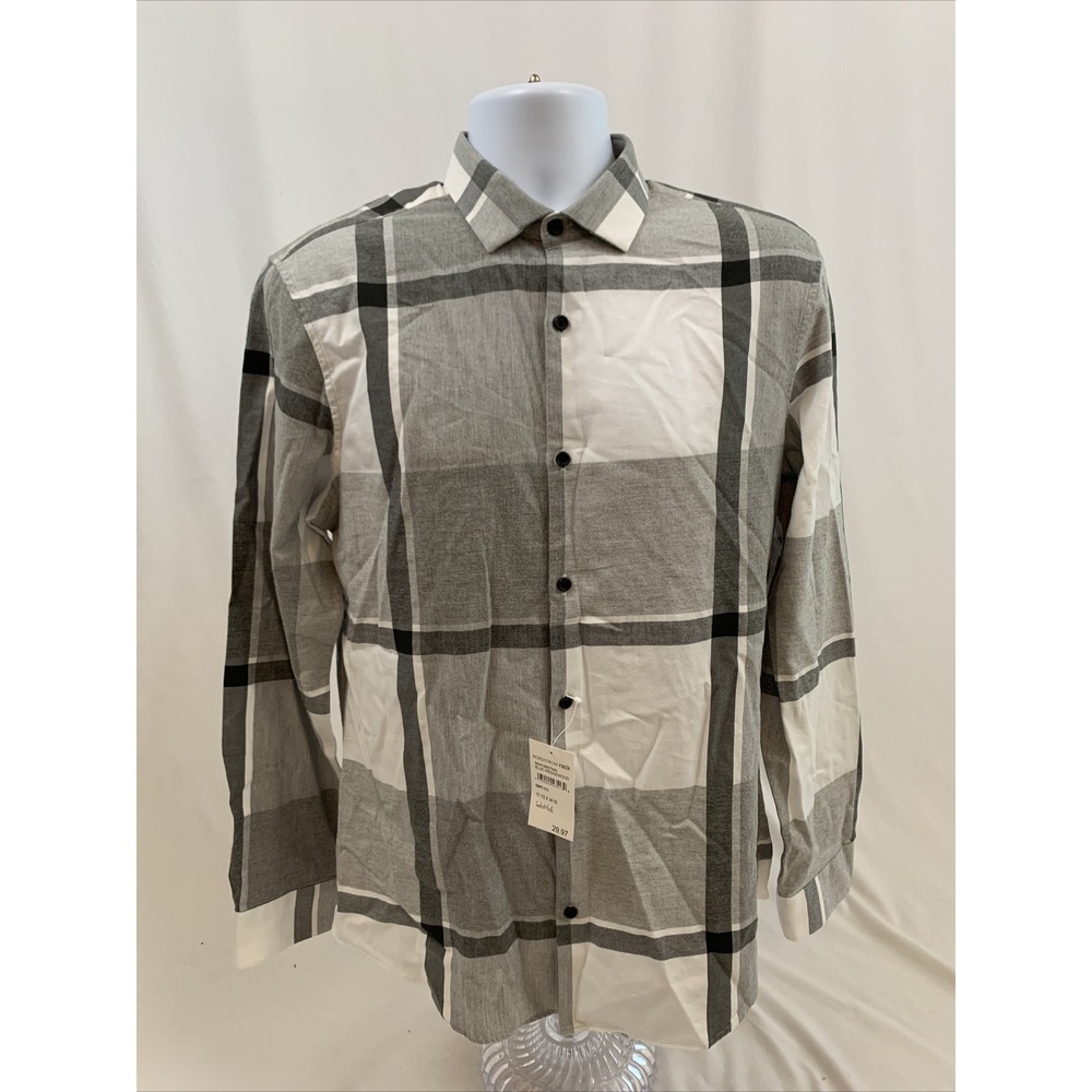 Calibrate Men's Plaid Flannel Shirt Size Medium Button Up Gray & White Classic